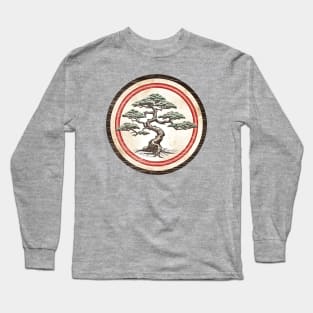 Green bonsai on vintage distressed circular background Long Sleeve T-Shirt